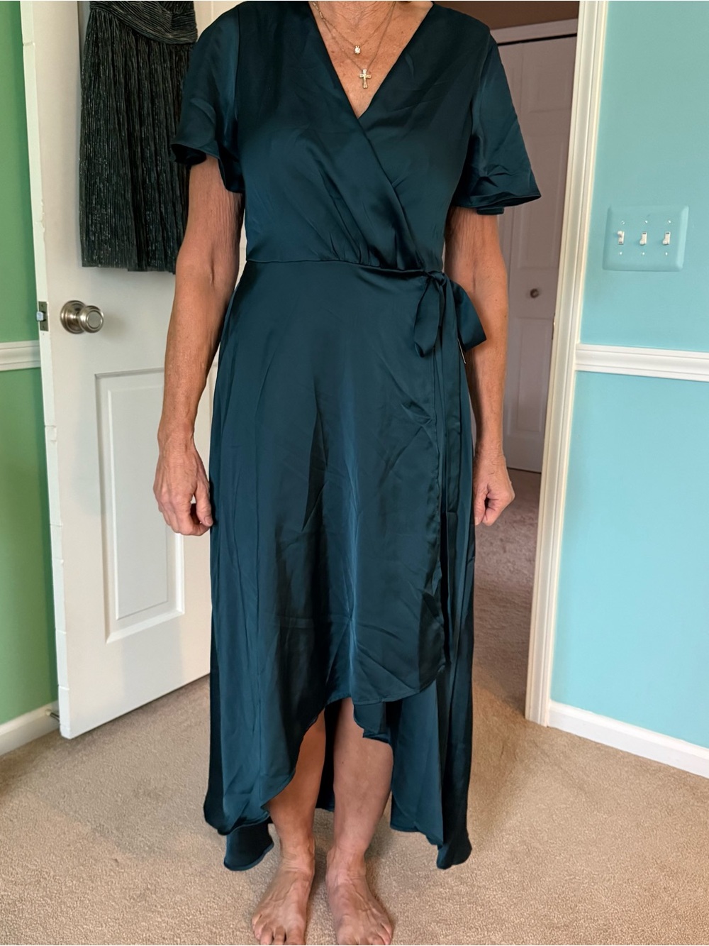NWT Baltic Born Green Satin Wrap High Low Maxi Dress M